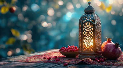 Aufkleber - Ornate lantern, pomegranates on a rustic table.