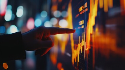 Fototapete - Pointing finger analyzing bright stock market graph on screen.
