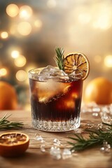 Poster - Cocktail with ice, orange slice, rosemary on wood.
