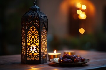 Aufkleber - Ornate lantern with dates and candles on wooden table at dusk.