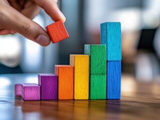 Poster - Hand placing last block on bar graph made with colorful wood blocks.