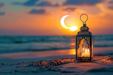 Wall Mural - islamic lantern candle on beach at sunset with crescent moon. ramadan and eid celebrations.