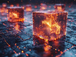 Sticker - futuristic digital ledger interface with floating encrypted data blocks
