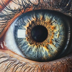 Wall Mural - Close-up of vivid blue and orange eye with detailed iris structure