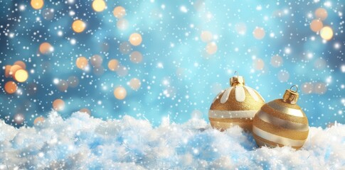 Wall Mural - golden ornaments in snow with bokeh lights. christmas decoration concept