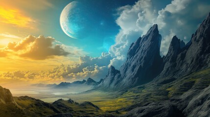 fantasy landscape with planet in the sunset sky