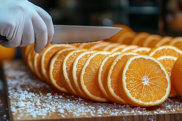 Wall Mural - A person is cutting oranges on a wooden cutting board