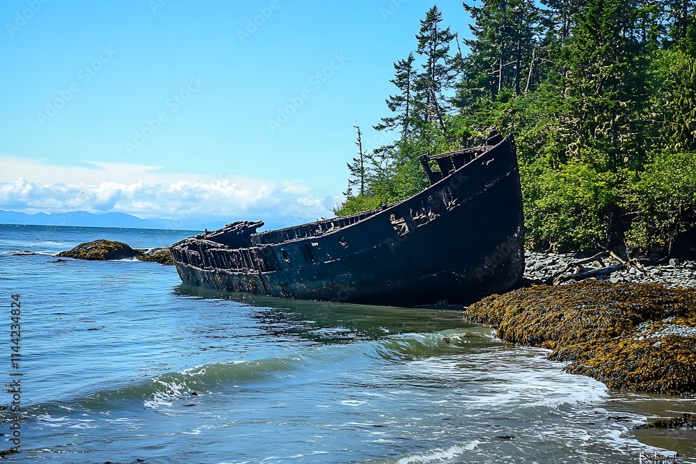 Ilustración de Stock Ships Graveyard, rusted remains of a wrecked ship ...