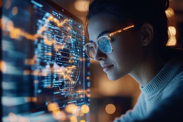 focused young woman analyzes data on high-tech computer screen in dimly lit workspace at night