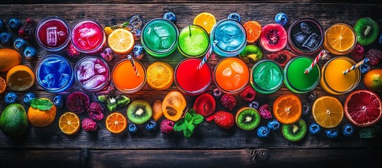 Wall Mural - Rainbow of colorful fruit smoothies in glasses, surrounded by fresh fruits on wooden table.