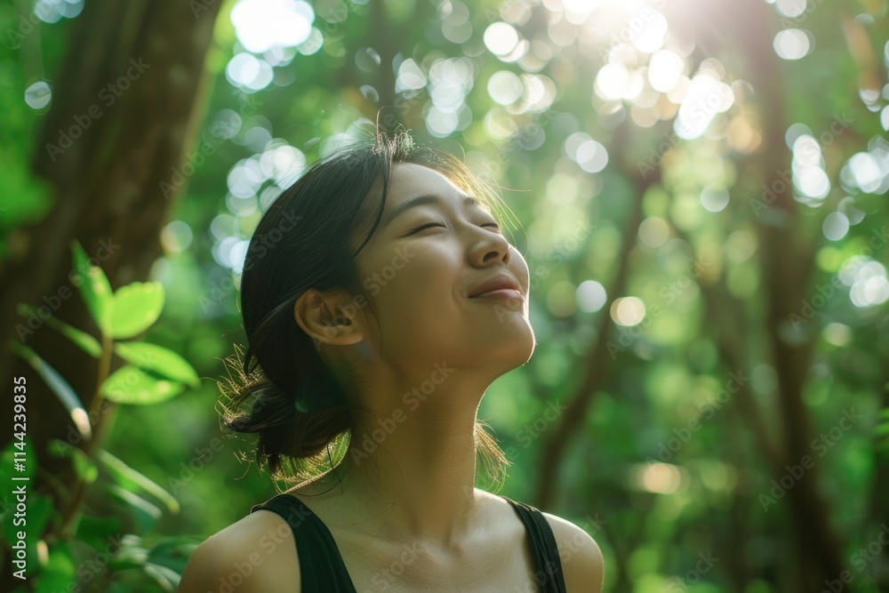Happy Healthy Asian Woman Breathing Fresh Air in Calm Forest Setting ...