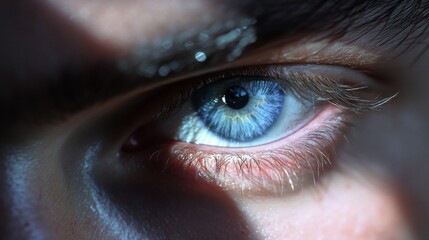 Wall Mural - Intense close-up of a blue eye with detailed iris and eyebrow shadow