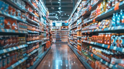 Wall Mural - Aisle in a supermarket filled with products on shelves