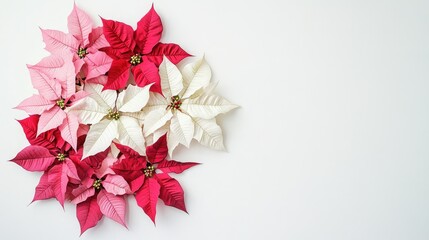 Sticker - Festive arrangement of pink, white, and red poinsettia leaves creating a star shape against a bright white surface