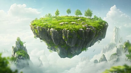 Canvas Print - Floating grass island suspended in mid-air, showcasing vivid greenery and rocky details in a stylized art style