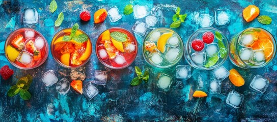 Poster - Refreshing summer fruit drinks in glasses with ice, mint, and raspberries on a blue background.