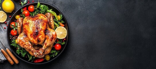 Wall Mural - Roasted chicken with lemon and vegetables on a dark background.