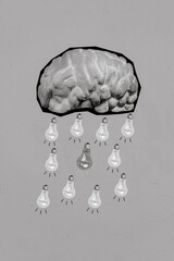 Wall Mural - Vertical collage image of brain mini light bulbs rain bright creative idea isolated on painted background