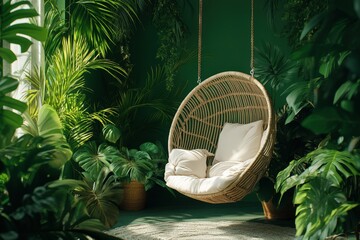 Wall Mural - Swing Chair in Contemporary Apartment Interior with Tropical Botanical Background