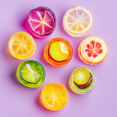 Top view of colorful fruit jelly candies on a purple background