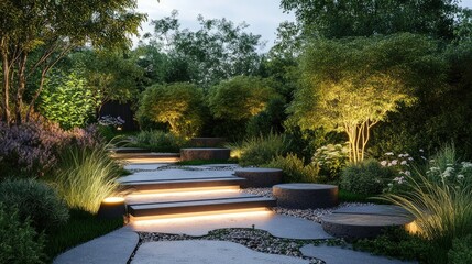 Wall Mural - Stylish modern garden path with glowing warm lights, perfectly integrated into the flow of a contemporary landscape