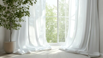 Canvas Print - Tranquil setting of white curtains swaying at an open window, surrounded by subtle hints of nature outside