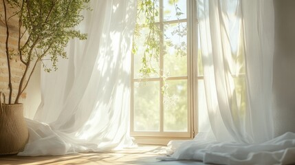 Canvas Print - Tranquil setting of white curtains swaying at an open window, surrounded by subtle hints of nature outside