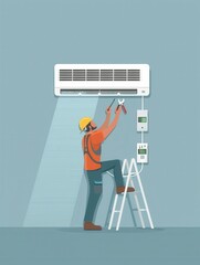 Fototapete - Technician installs air conditioning unit at residential location during daytime work. Generative AI