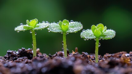 Canvas Print - Three seedlings with dew drops emerging from soil.