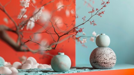 Canvas Print - This is an artistic still life composition featuring vases adorned with cherry blossom