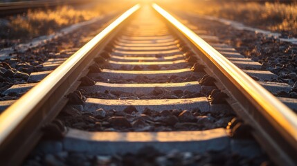 Wall Mural - Sunset view of railway tracks converging at vanishing point.