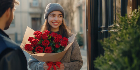 Wall Mural - Delivery man delivering bunch of red roses to a smiling beautiful young woman on Valentine's day