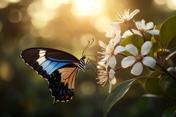 Wall Mural - Vibrant butterfly perched on blooming flowers during golden hour in a serene garden