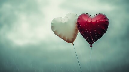 Wall Mural - burgundy and ivory heart balloons against a stormy gray sky, with faint raindrops creating a melanch