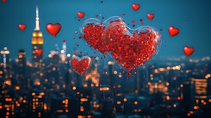 Wall Mural - Transparent heart balloons with red confetti inside, floating over a sparkling city skyline at night