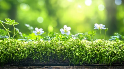 Wall Mural - Three delicate white wildflowers blooming on a bed of vibrant green moss, set against a sun-drenched forest backdrop.