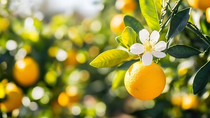 a single orange blossom in focus, with a blurred background of an orchard