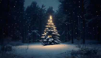 Wall Mural - Snow covered christmas tree in winter forest with copy space at night