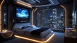 © MaMaKe - Modern futuristic bedroom with neon ambiance, and large window.