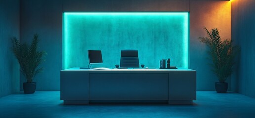 Wall Mural - Modern office interior with blue backlight.