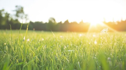 Poster - Golden sunlight filters through trees, illuminating a grassy park area, creating a peaceful atmosphere perfect for morning walks or picnics