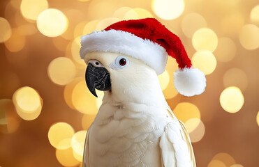 Wall Mural - Cute white cockatoo parrot with red Santa hat. Festive golden blurred background with bokeh lights. Domestic pet bird, animal. Christmas, Happy New Year holiday concept, winter web banner card