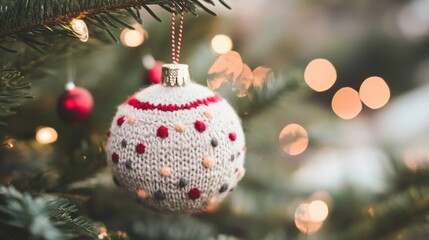 Sticker - Delightful knitted ornament adorned with colorful dots hangs on a Christmas tree, surrounded by warm, glowing lights during winter