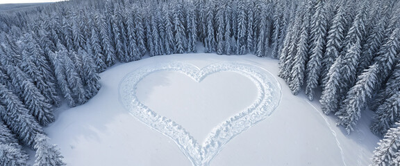 Wall Mural - Snowy forest with heartshaped snow pattern