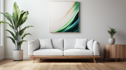 Wall Mural - A bright living room featuring a cozy white couch with an abstract green wall painting, lush plants, and modern decor, creating a refreshing and serene atmosphere.