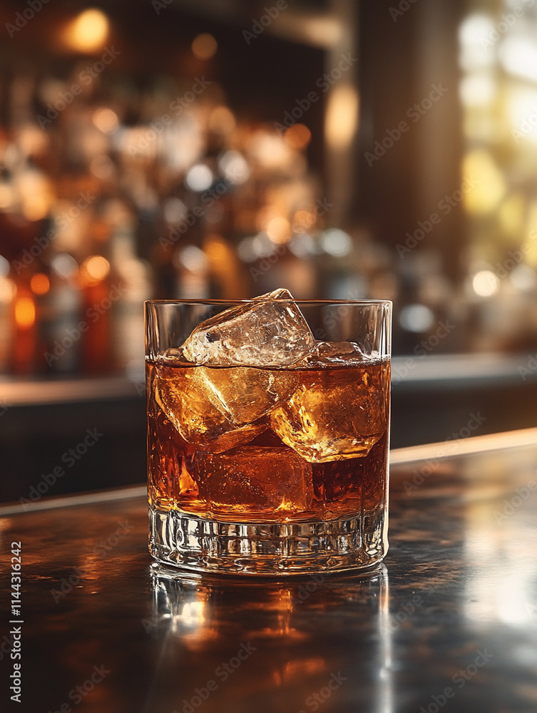 old fashioned cocktail in a double old fashioned glass with one large ice cube, cocktail is sitting on a bar in front of a blurred out background with bottles of whiskety
