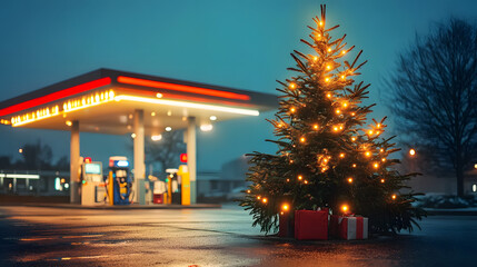 Wall Mural - Cute christmas tree at gas station