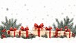 © izzuddin - Beautifully Wrapped Christmas Gifts Surrounded by Greenery and Snowflakes, Perfect for Holiday Cards, Decorations, and Festive Celebrations