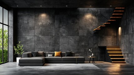 Wall Mural - Modern dark living room with L-shaped sofa, concrete wall, and floating staircase.