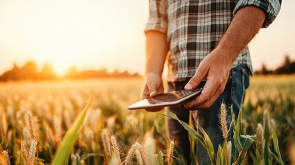 A person in casual attire is using a tablet while standing in a lush agricultural field at sunset, representing modern farming and digital agriculture technology.